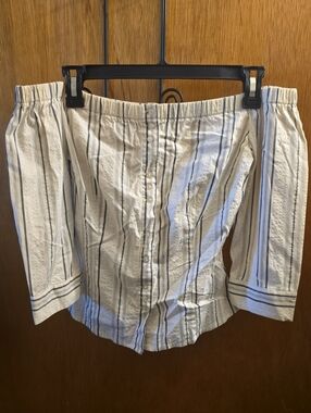 Taunt Off-Shoulder Pinstriped Button-Down